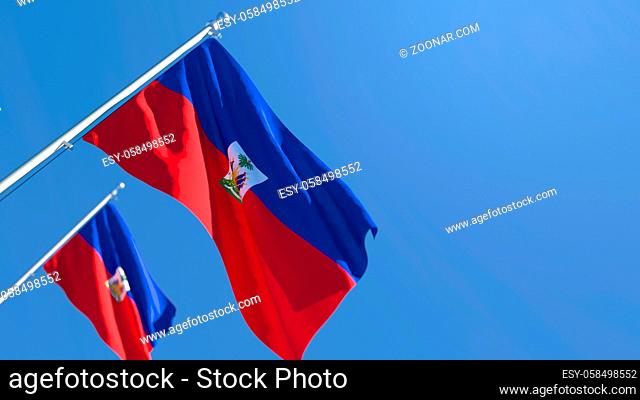 3D rendering of the national flag of Haiti waving in the wind against a blue sky