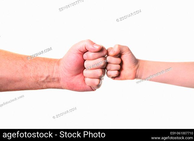 old man and kid holding hands together. isolated on white background
