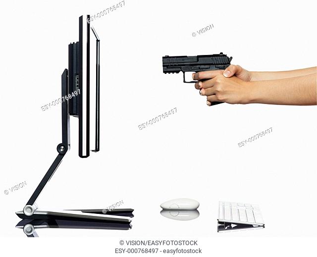 communication between human hand and a computer display monitor on isolated white background expressing shooting rejection concept
