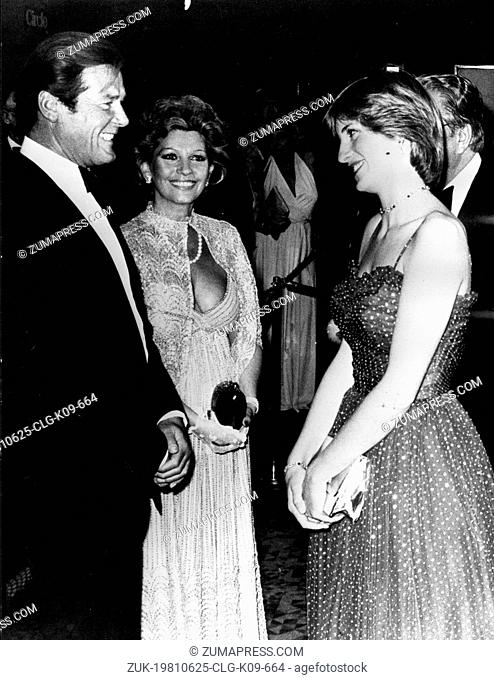 June 25, 1981 - London, England, U.K. - PRINCESS DIANA (right) with ROGER MOORE and his wife Luisa attending the premiere of the James Bond movie