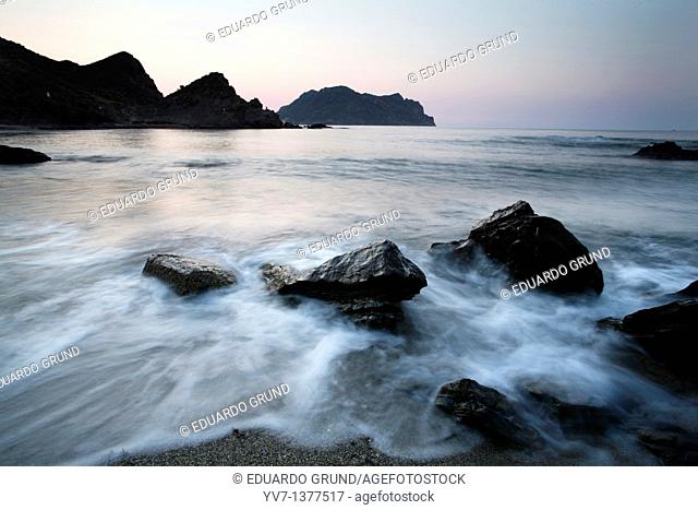 View from west to east at dawn the 'head of Cope' from a beach near the Barranco de la Mar, Cabo Cope, Murcia, Spain