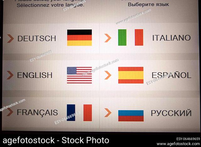 translation menu on a screen: german, english, french, italian, spanish, russian