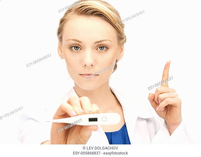 picture of female doctor with thermometer showing finger up..
