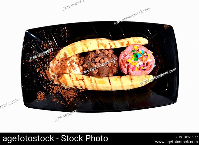 banana split with ice cream on white background