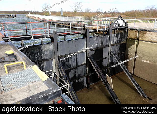 12 March 2020, Saxony-Anhalt, Magdeburg: Specialists work at the Magdeburg-Rothensee lock. There, work has begun on changing a bearing at the lower gate and...