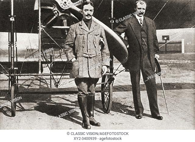 Monsieur Pegoud, left, and Monsieur Blériot, right, seen here at Brooklands flying school, Surrey, where the former had demonstrated his loop the loop in 1913