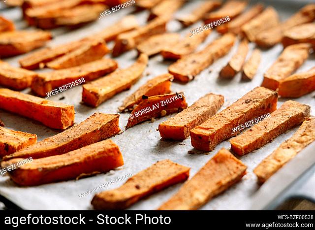 Bulgaria, Sheet of baked and seasoned sweet potatoes