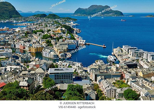 NORWAY, ÅLESUND, 30.06.2018, View from Aksla hill over Alesund and surrounding waters, Byrampen Viewpoint , More og Romsdal, Norway, Scandinavia