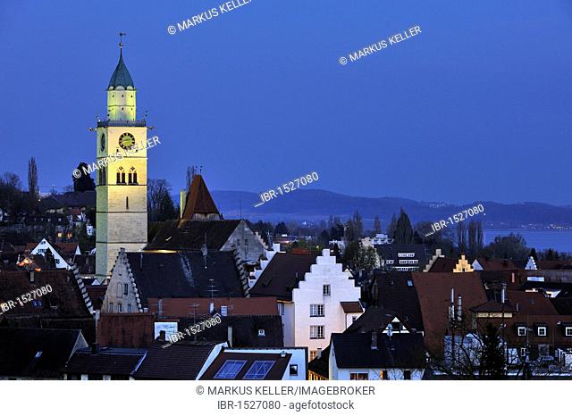 Overlooking the historic town center of Ueberlingen with the Muensterturm tower in the evening, Lake Constance district, Baden-Wuerttemberg, Germany, Europe