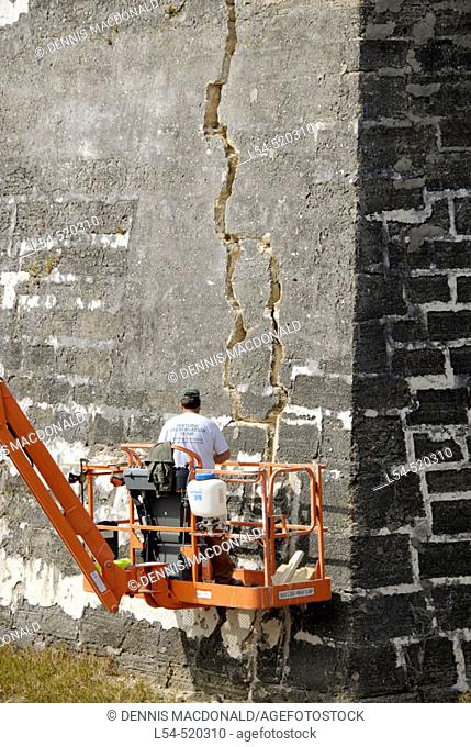 National Park Service Historic preservation service does the necessary repairs on the walls of the fort Castillo de San Marcos in St Augustine Florida Fl