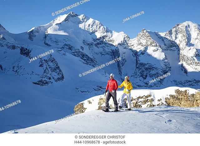 Pontresina, snow shoe hiking, Diavolezza, Saas Queder, canton, GR, Graubünden, Grisons, Upper Engadine, snow, footpath, walking, hiking, winter, winter sports