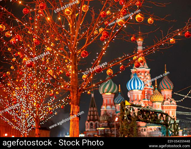 Moscow. Russia. New year entertainment on red square. Kremlin. St.Basil Cathedral. Red square is decorated for Christmas. Preparing for holiday