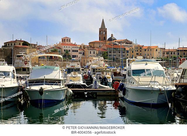 Motor yachts in the harbour, Alghero, Sassari Province, Sardinia, Italy