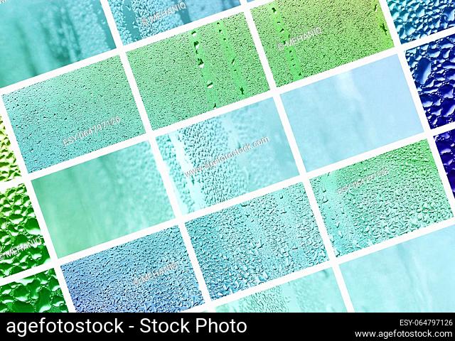 A collage of many different fragments of glass, decorated with rain drops from the condensate. Spring tones with green and blue colors