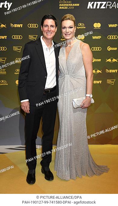 26 January 2019, Austria, Kitzbühel: The former ski racer Maria Höfl-Riesch and her husband Marcus Höfl come to the Kitz Race Party