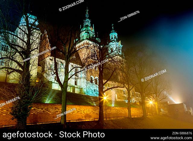Krakow old city at night. Wawel Castle and Wistula. Krakow Poland