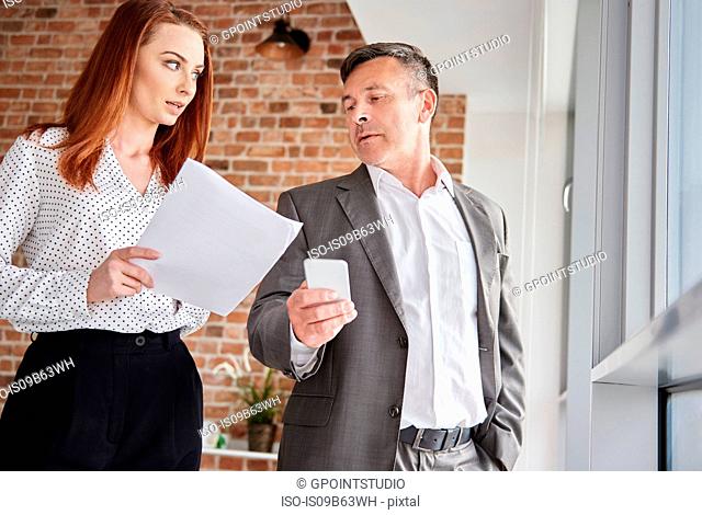 Colleagues in office discussing paperwork