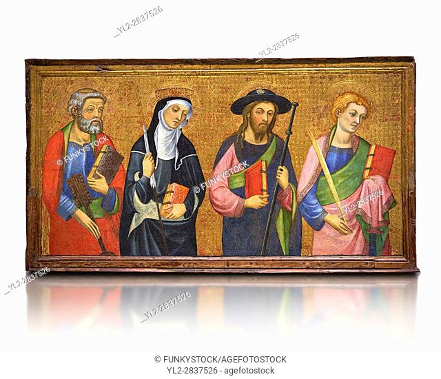 Painted Gothic panels from the Altarpiece of the Virgin of the Angels. . From Left - San Peter, Santa Clara, Saint James the Greater, St
