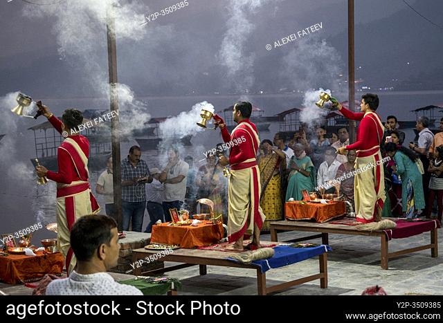 Aarti ceremony on the bank of Phewa Lake in Pokhara, Nepal