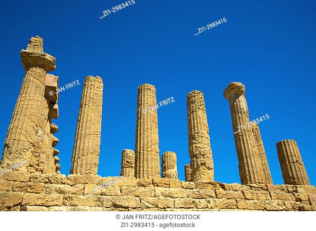 Pilars at the ruins of Temple of Juno in the Valley of the Temples, Agrigento, Sicily, Italy
