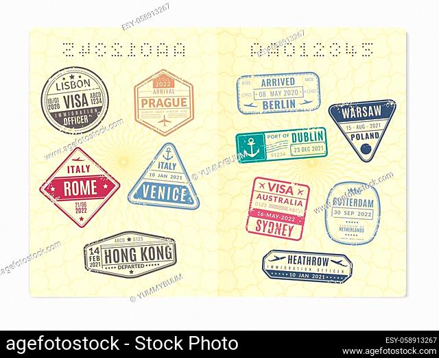 Passport page with visa stamps. Realistic open foreign international identification document with many immigration travel seal, citizen or traveler official ID
