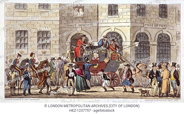 View of the Old General Post Office, St Martin's le Grand, London, 1825. With busy street scene and a carriage
