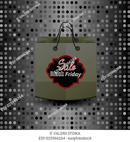 Shopping Paper Bag with Black Friday Sticker on Dark Halftone Background. Winter Big Sale