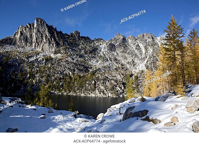 Lake Viviane, Golden Larches and Prusik Peak, Enchantments, Alpine Lakes Wilderness, Washington State, United States of America