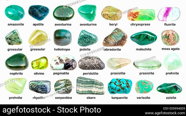collage of various green gemstones with names (malachite, prehnite, chrysoprase, skarn, grossular, prasiolite, apatite, turquenite, bperidot, jadeite, nephrite