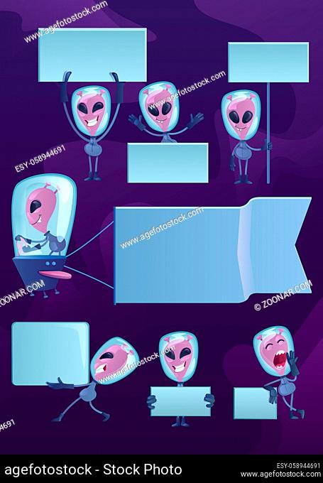 Martian emotion expression 2d cartoon character illustrations kit. Emotional extraterrestrials with blank banners. Ready to use one comic flat hero set...