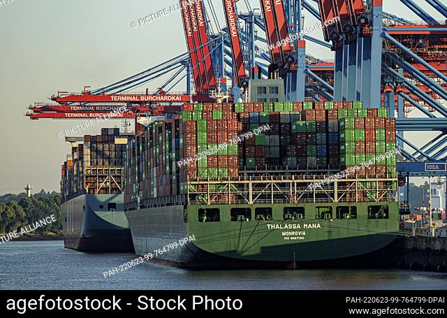 23 June 2022, Hamburg: Container ships (on the right, the ""Thalassa Mana"") are waiting to be handled at the terminals in the Port of Hamburg
