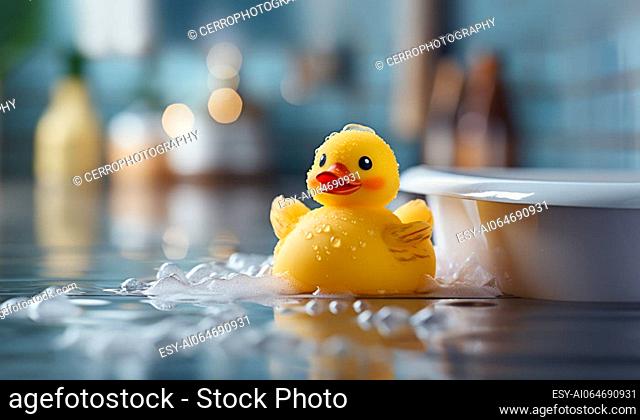 Yellow Rubber duck. Funny kids inflatable toy by bathtub with copy space, bathroom decoration concept space for text