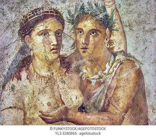 A satyr caressing a maiden a Roman erotic fresco painting from Pompeii 1st cent AD , from the Casa di L Cecilio Giocondo, inv no 110590