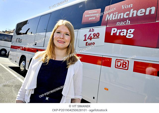 JANA LOCHMAN, manager of Deutsche Bahn presents new bus fleet for DB IC Bus lines from Prague to Munich and other cities in Prague, Czech Republic, April 25