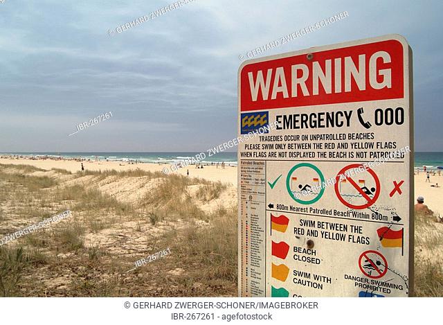Danger sign, risks at the beach, Surfers paradise, Queensland, Australia