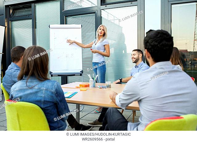 Businesswoman giving presentation in workshop outdoors