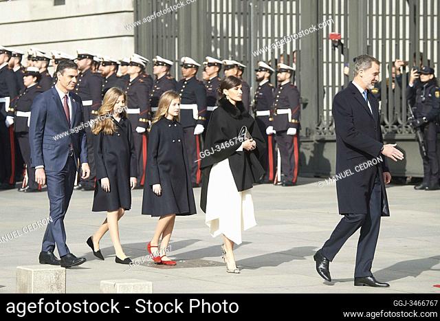 King Felipe VI of Spain, Queen Letizia of Spain, Crown Princess Leonor, Princess Sofia, Pedro Sanchez, Prime Minister attends Opening of the 14th Legislature at...
