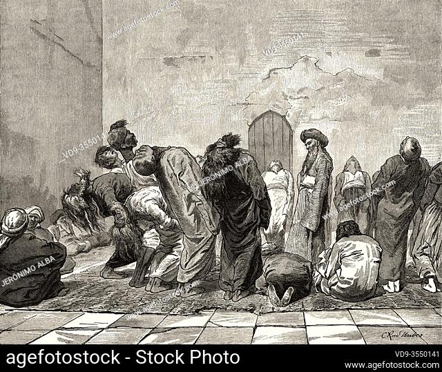 Whirling Dervishes in the 19th century at Cairo, Ancient Egypt. Old 19th century engraved illustration, El Mundo Ilustrado 1880