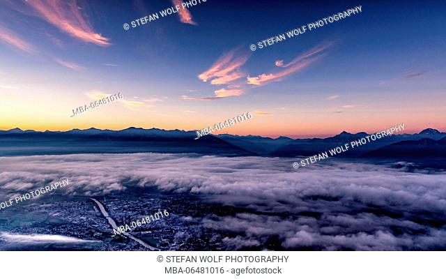 View of the Hafelekar on the Inntal at sunrise, Innsbruck, Tyrol, Austria