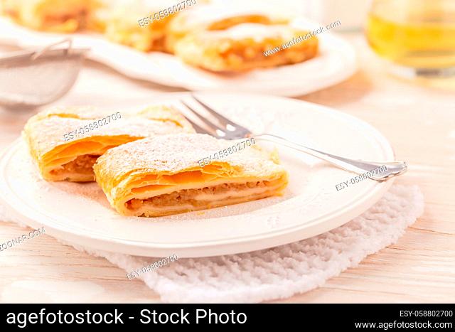 Homemade apple strudel (apfelstrudel) on white plate. Popular pastry cake in Europe