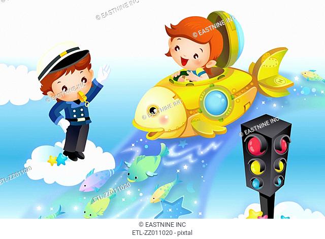 Girl driving a submarine with a traffic cop whistling at a traffic light