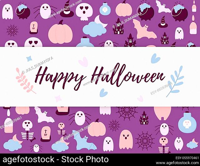 Happy Halloween holidays banner with Flat style party icons and text. Pastel color Halloween scary ghost, pumpkin, haunted house, bat, tomb, skull, skeleton