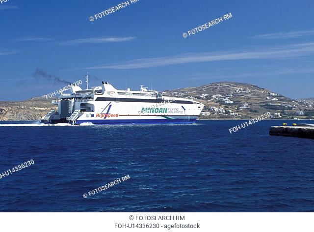 ferry, Paros, Greek Islands, Cyclades, Greece, Europe, Highspeed catamaran ferry boat entering Paros Island on the Aegean Sea