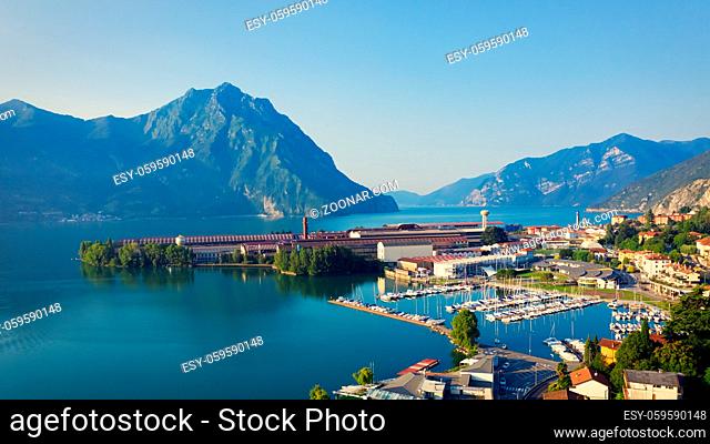 Aerial view of Lake Iseo , on the right the port of lovere, background mountains(alps), Bergamo Italy