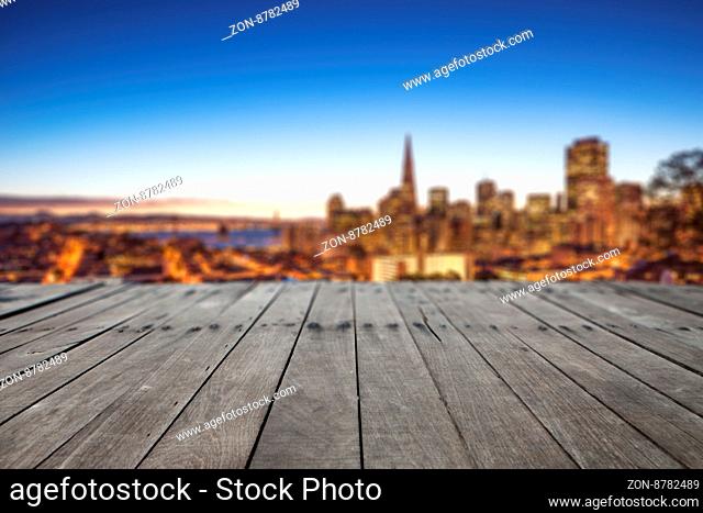 old wood floor with cityscape of San Francisco and skyline