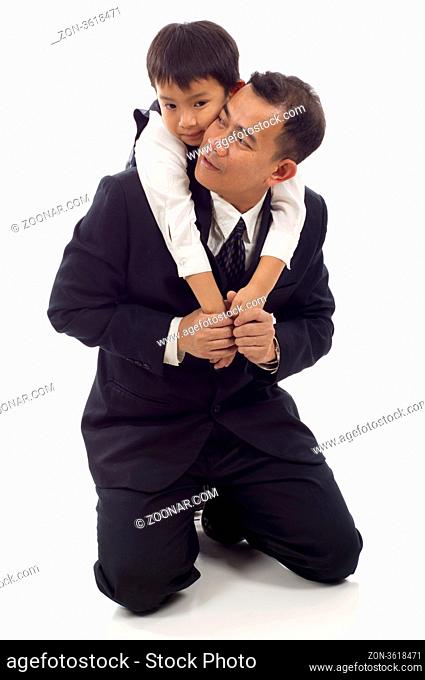 Asian Father talking to his son isolated over white background