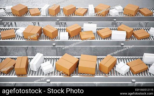 Packages delivery, packaging service and parcels transportation system concept, cardboard boxes on a conveyor belt in a warehouse