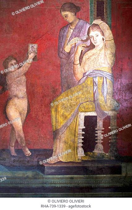 The Baccantis before the feast in the Triclinium in the Villa dei Misteri, Pompeii, UNESCO World Heritage Site, Campania, Italy, Europe