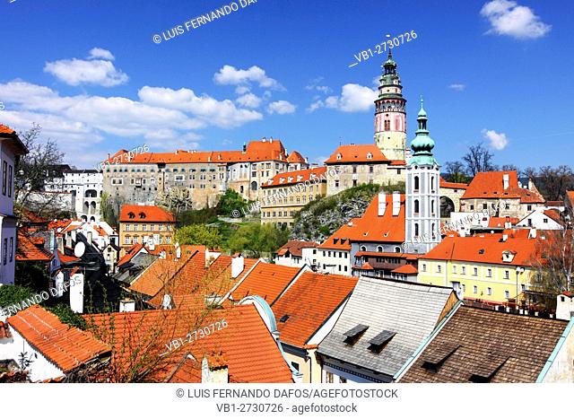 Overview of the Unesco listed town of Cesky Krumlov with Castle and St Jost church Czech Republic
