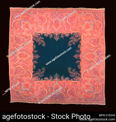 Square Shawl - 1830/50 - Possibly Austria, Vienna. Cotton and wool, center of weft-float faced 1:3 - Z - twill weave; patterned areas of weft-float faced 3:1...